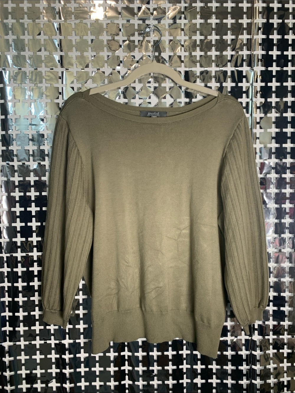 Marled Olive Green Off-Shoulder Ribbed-Sleeve Sweater